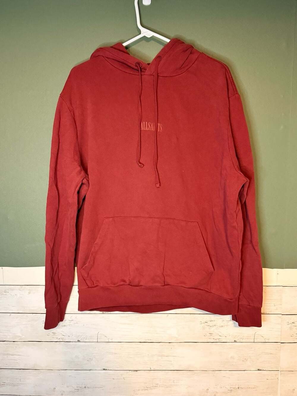 AllSaints Mens Logo Hoodie Burgundy Red Cotton Pullover Sweatshirt Size M